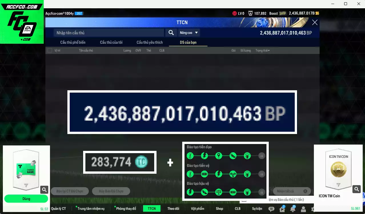 ACC 2436887b trắng, có thẻ đổi tên, còn rất nhiều CP GIẢM THUẾ vs Coin TM. HLV Xịn, gần full đào tạo chiến thuật, dư 280k TC