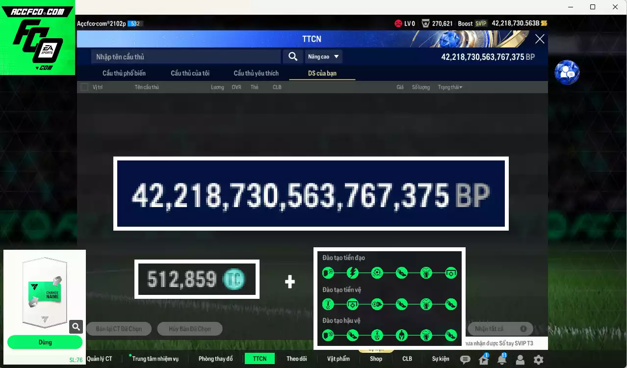 ]TOP TỶ PHÚ BP] ACC 42.218.730b trắng, full miniface, có thẻ đổi tên, còn CP GIẢM THUẾ. HLV Xịn, đã full đào tạo chiến thuật, dư 510k TC