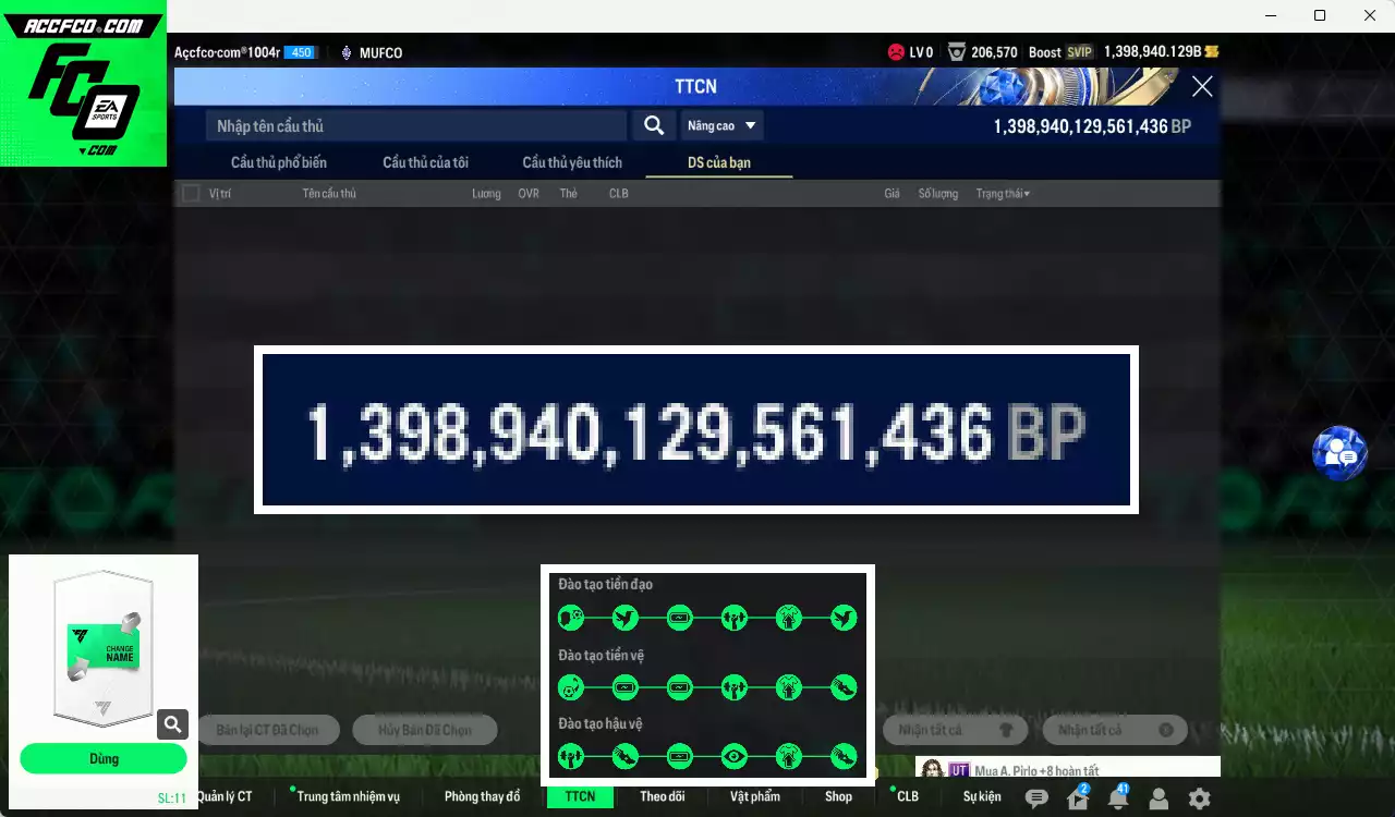 ACC 1398940b trắng, có thẻ đổi tên, full miniface. HLV Xịn, đã full đào tạo chiến thuật