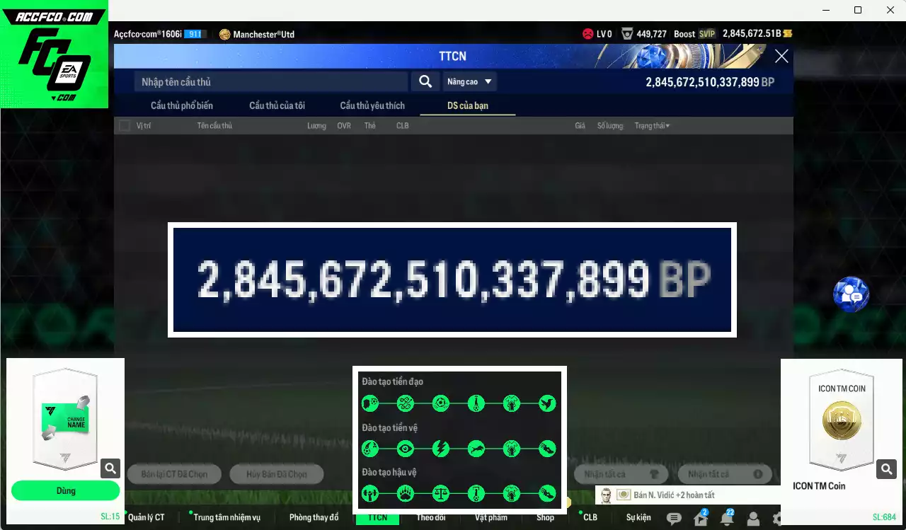 ACC 2845672b trắng, có thẻ đổi tên, full miniface, còn nhiều CP GIẢM THUẾ. Đã full đào tạo chiến thuật, dư 180k TC