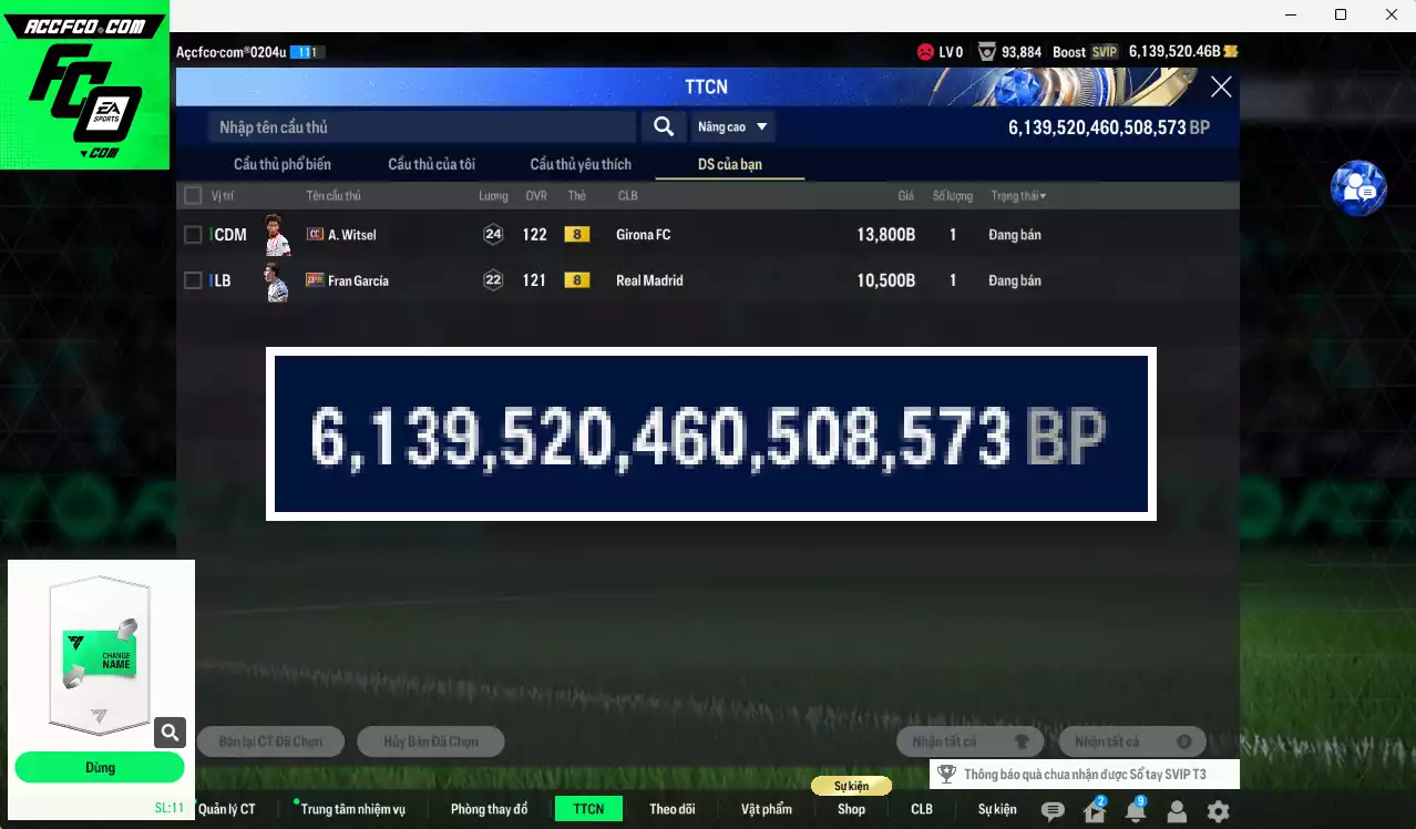 ACC 6139520b trắng, có thẻ đổi tên, full miniface. HLV Xịn