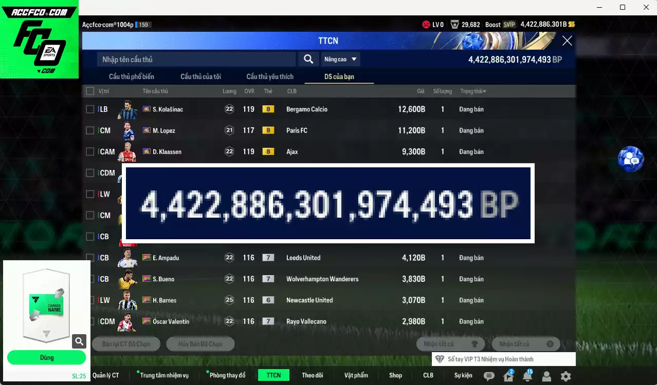 ACC 4422886b trắng, có thẻ đổi tên, full miniface, còn CP GIẢM THUẾ. HLV Xịn, dư 220k TC
