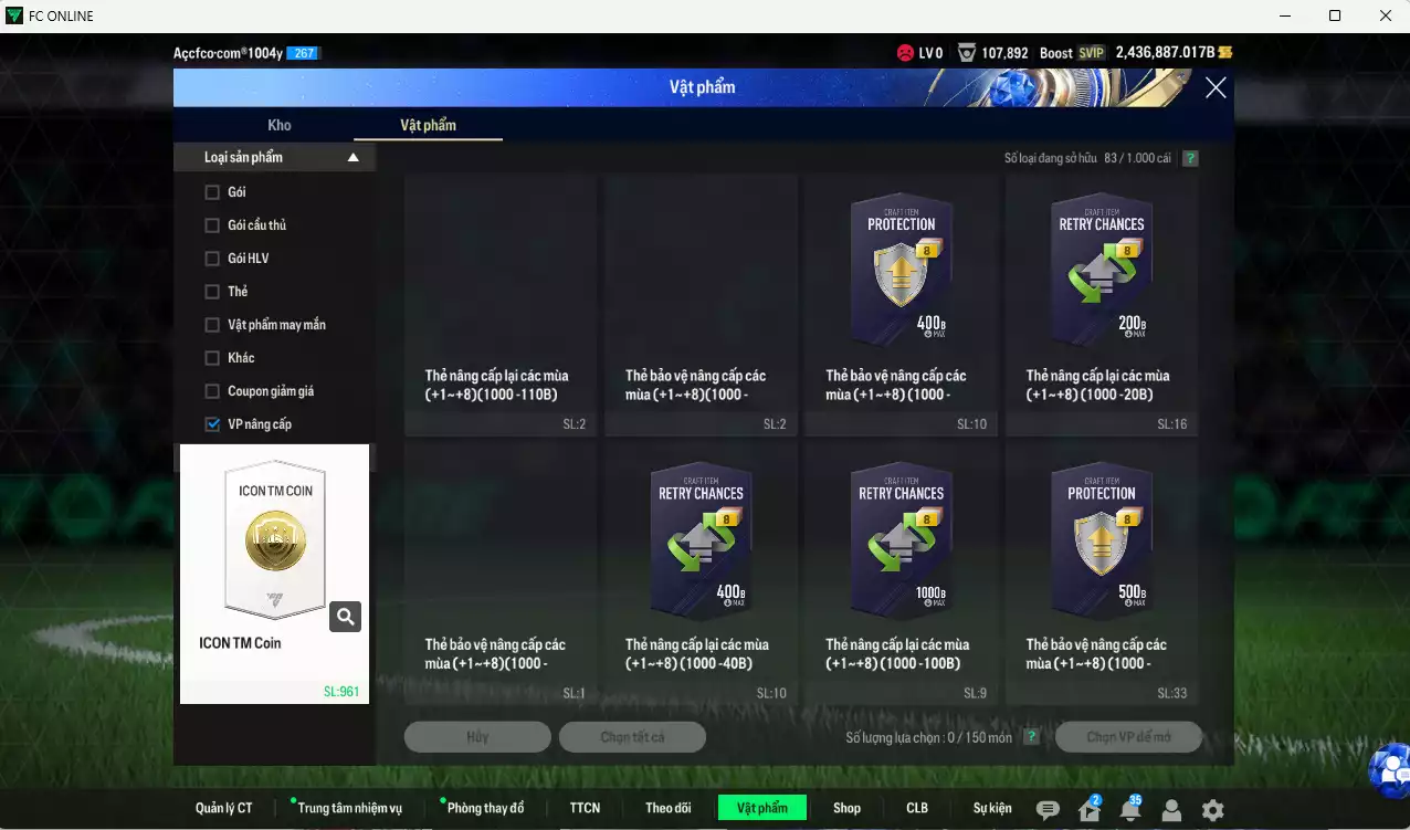 Ảnh ACC 2436887b trắng, có thẻ đổi tên, còn rất nhiều CP GIẢM THUẾ vs Coin TM. HLV Xịn, gần full đào tạo chiến thuật, dư 280k TC