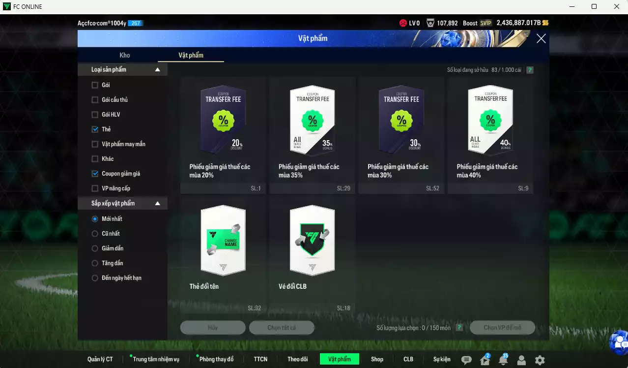 Ảnh ACC 2436887b trắng, có thẻ đổi tên, còn rất nhiều CP GIẢM THUẾ vs Coin TM. HLV Xịn, gần full đào tạo chiến thuật, dư 280k TC