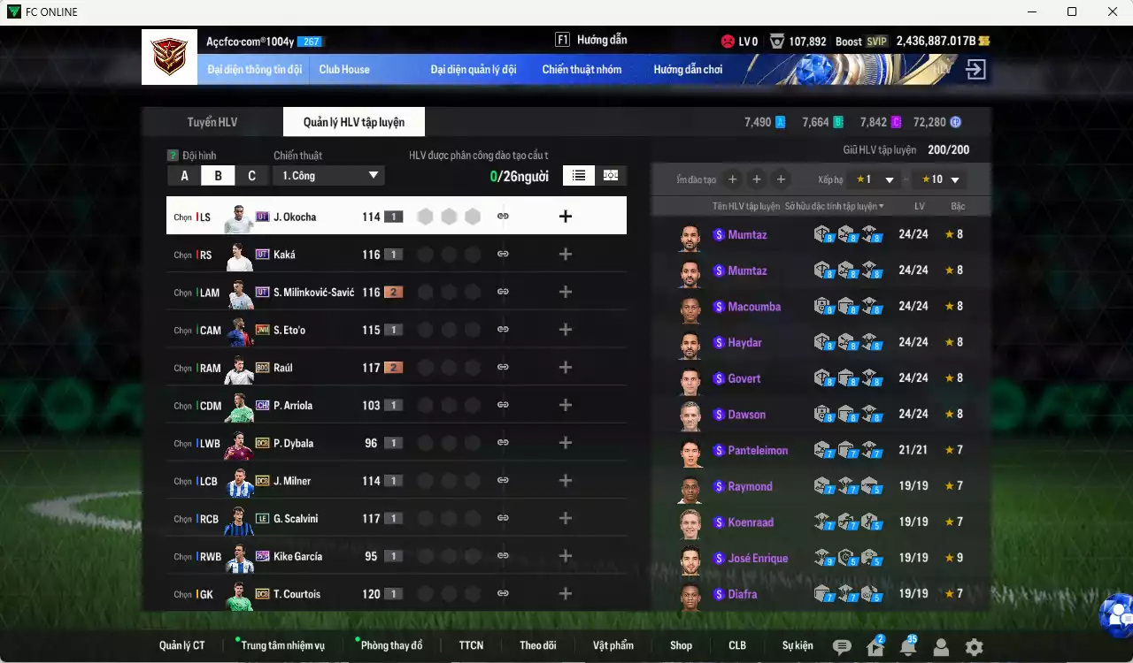 Ảnh ACC 2436887b trắng, có thẻ đổi tên, còn rất nhiều CP GIẢM THUẾ vs Coin TM. HLV Xịn, gần full đào tạo chiến thuật, dư 280k TC