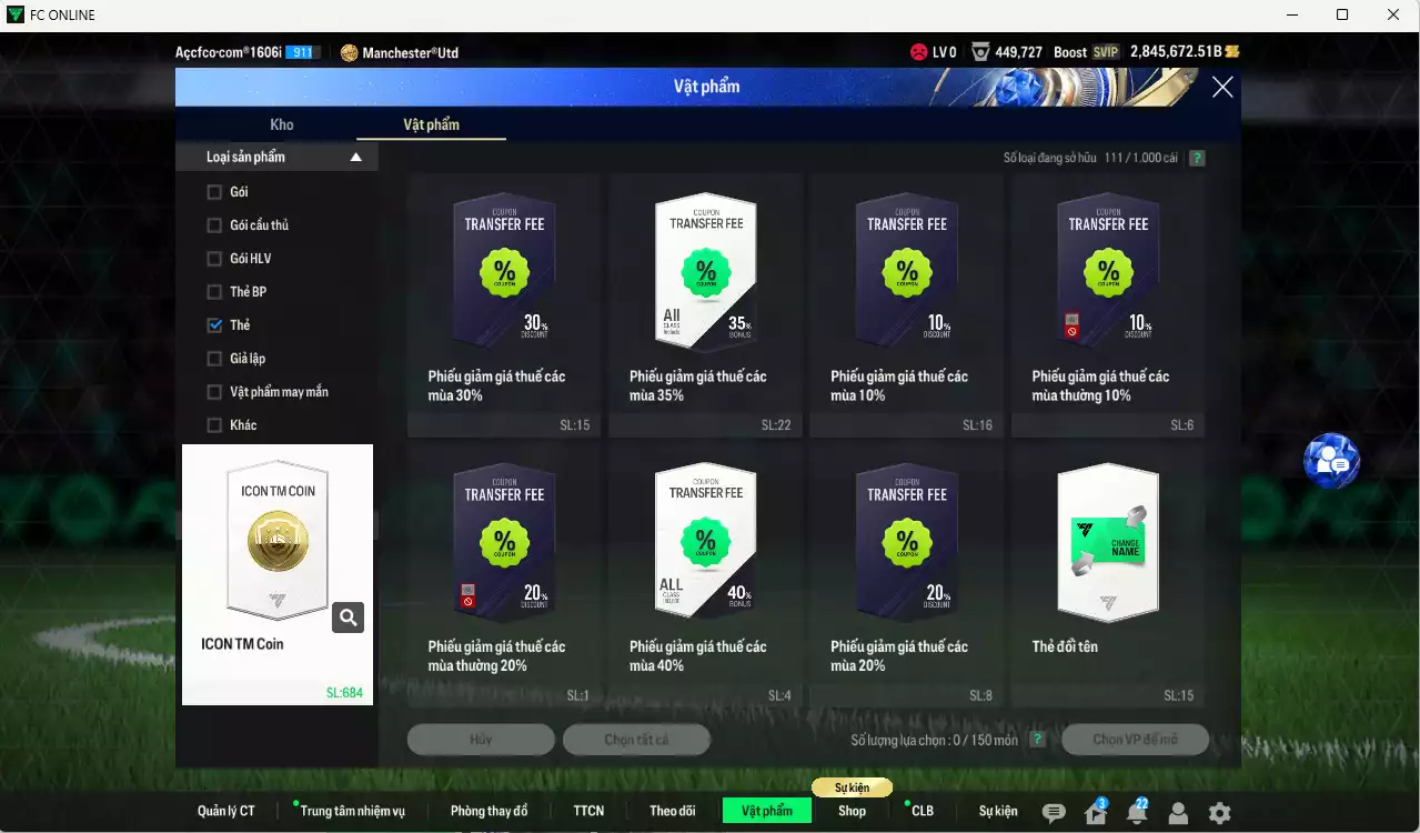 Ảnh ACC 2845672b trắng, có thẻ đổi tên, full miniface, còn nhiều CP GIẢM THUẾ. Đã full đào tạo chiến thuật, dư 180k TC
