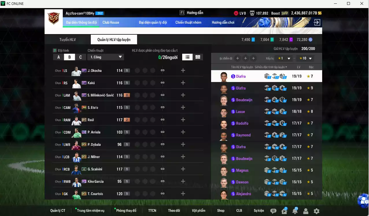 Ảnh ACC 2436887b trắng, có thẻ đổi tên, còn rất nhiều CP GIẢM THUẾ vs Coin TM. HLV Xịn, gần full đào tạo chiến thuật, dư 280k TC