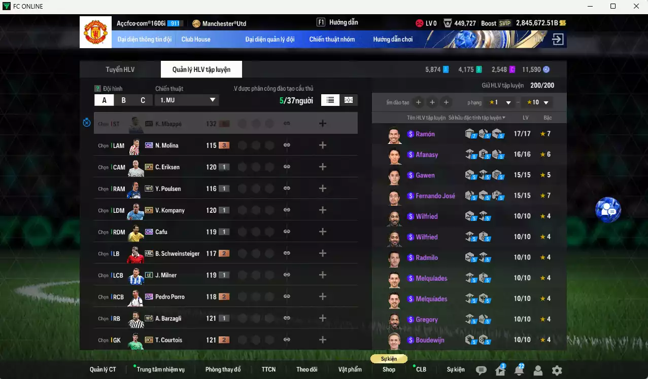 Ảnh ACC 2845672b trắng, có thẻ đổi tên, full miniface, còn nhiều CP GIẢM THUẾ. Đã full đào tạo chiến thuật, dư 180k TC