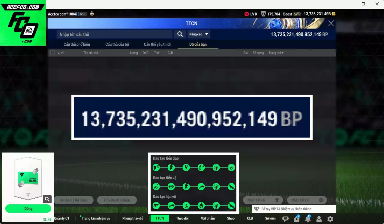 [Tặng 2200 FC+MC] ACC 13.735.231b trắng, có thẻ đổi tên, full miniface, còn CP GIẢM THUẾ. HLV Siêu Xịn, đã full đào tạo chiến thuật, dư 190k TC