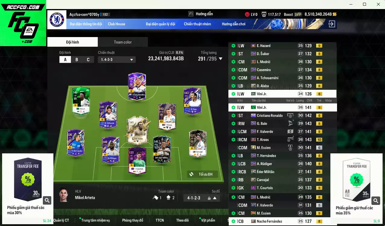 [Dư nhiều BP] Real Madrid 23.241.000b dư 8tr5b có CR7 WB+8, Militao FAC, Kroos CC+10, Bale CU, Modric CU, Casemiro CU, Rudiger CU, Essien ITM+6, Vini FC+9, Valverde CU, Suker CU... HLV Xịn, còn nhiều CP GIẢM THUẾ