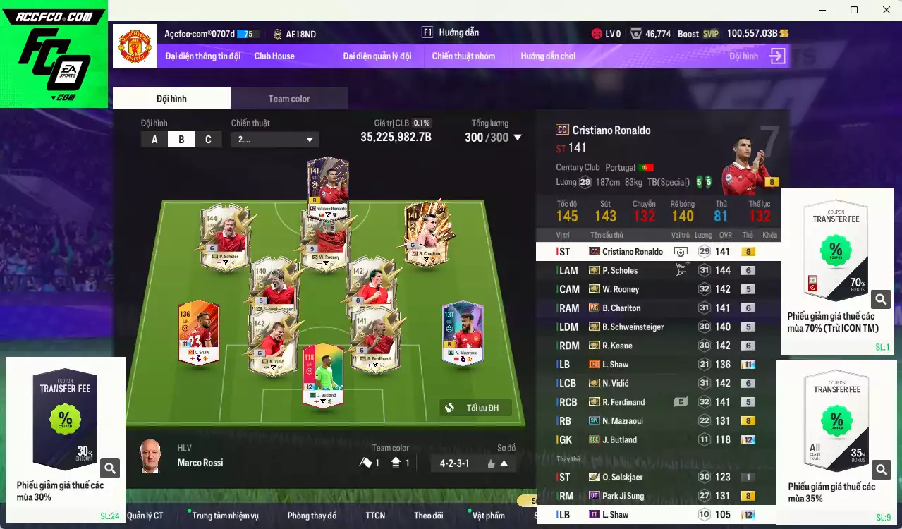 Man Utd. 35.225.980b có Rooney ITM, Scholes ITM+6, Vidic ITM+6, Ferdinand ITM, Keane ITM+6, Schweinsteiger ITM,  CR7 CC, Shaw E21+11... Full miniface, còn rất nhiều CP GIẢM THUẾ. HLV Xịn, đã đào tạo full chỉ số cầu thủ