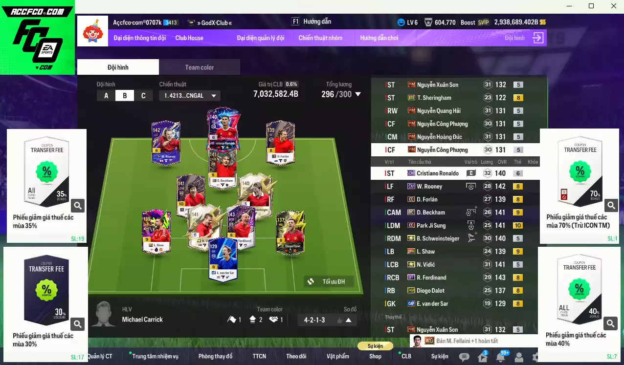Man Utd. 7.032.580b dư 2tr9b có Vidic ITM, Schweinsteiger ITM, CR7 CH+6, Beckham DC+9, Rooney CU, Park CC+10... vs 4 VN PRM. Full miniface, còn nhiều CP GIẢM THUẾ. HLV Xịn, đã đào tạo full chỉ số cầu thủ