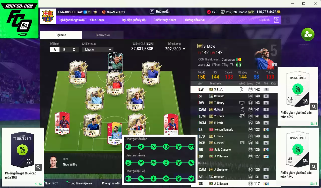 Barcelona 32.831.680b có Henry ITM, Eto ITM, Touré ITM, Puyol ITM, Petit ITM, Blanc ITM, Hagi ITM, Litmane ITM, Ronaldo FAC+6... Full miniface, còn nhiều CP GIẢM THUẾ. HLV Xịn, đã full đào tạo chiến thuật vs chỉ số cầu thủ