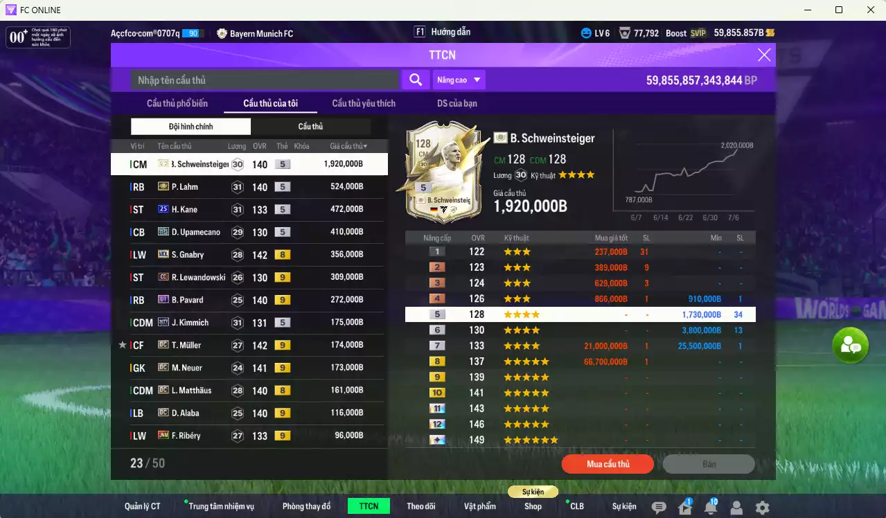 Ảnh Bayern Munich 5.649.200b có Schweinsteiger ITM, Lahm ITM, Keane 25UCL, Upamecano 25TS, Gnabry MDL, Lewandowski CC+9, Pavard UT+9, Muller DC+9, Neuer DC+9... HLV Xịn