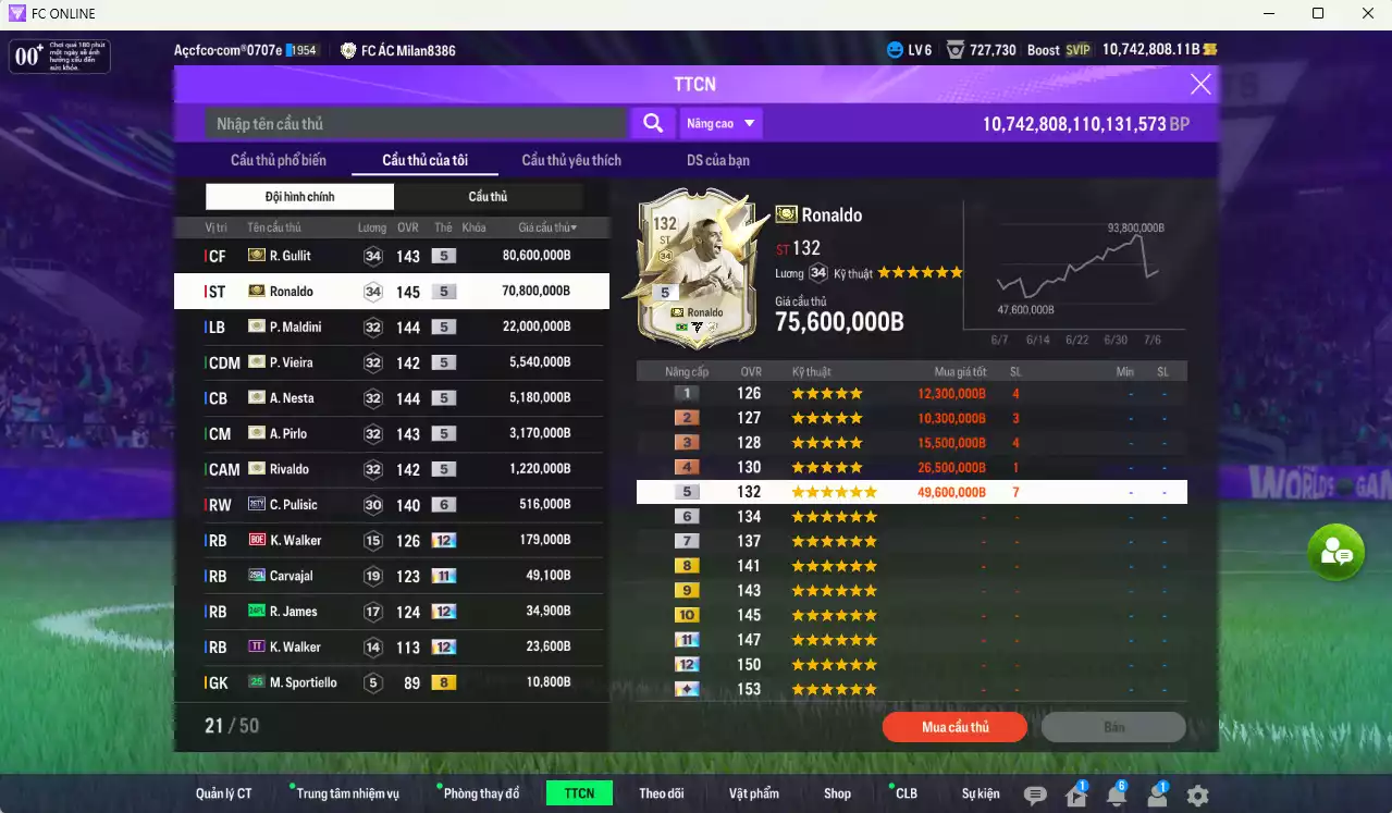 Ảnh [ACC Hiếm] AC Milan ITM+5 189.330.540b dư 10tr7b có Ronaldo ITM, Gullit ITM, Maldini ITM, Vieira ITM, Nesta ITM, Pirlo ITM, Rivaldo ITM vs nhiều giảm lương fix BP. Full miniface, còn rất nhiều CP GIẢM THUẾ. HLV Siêu Xịn, đã full đào tạo chiến thuật vs chỉ số cầu thủ, dư 630k TC