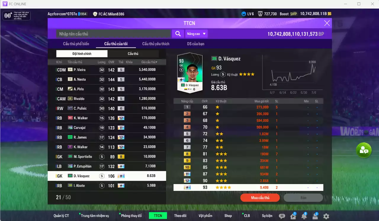 Ảnh [ACC Hiếm] AC Milan ITM+5 189.330.540b dư 10tr7b có Ronaldo ITM, Gullit ITM, Maldini ITM, Vieira ITM, Nesta ITM, Pirlo ITM, Rivaldo ITM vs nhiều giảm lương fix BP. Full miniface, còn rất nhiều CP GIẢM THUẾ. HLV Siêu Xịn, đã full đào tạo chiến thuật vs chỉ số cầu thủ, dư 630k TC