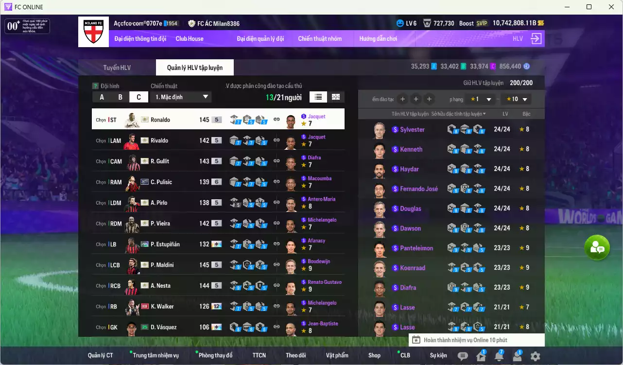 Ảnh [ACC Hiếm] AC Milan ITM+5 189.330.540b dư 10tr7b có Ronaldo ITM, Gullit ITM, Maldini ITM, Vieira ITM, Nesta ITM, Pirlo ITM, Rivaldo ITM vs nhiều giảm lương fix BP. Full miniface, còn rất nhiều CP GIẢM THUẾ. HLV Siêu Xịn, đã full đào tạo chiến thuật vs chỉ số cầu thủ, dư 630k TC