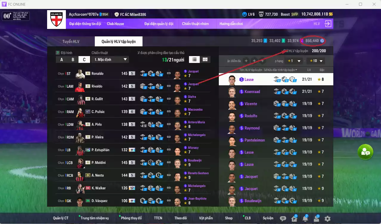 Ảnh [ACC Hiếm] AC Milan ITM+5 189.330.540b dư 10tr7b có Ronaldo ITM, Gullit ITM, Maldini ITM, Vieira ITM, Nesta ITM, Pirlo ITM, Rivaldo ITM vs nhiều giảm lương fix BP. Full miniface, còn rất nhiều CP GIẢM THUẾ. HLV Siêu Xịn, đã full đào tạo chiến thuật vs chỉ số cầu thủ, dư 630k TC