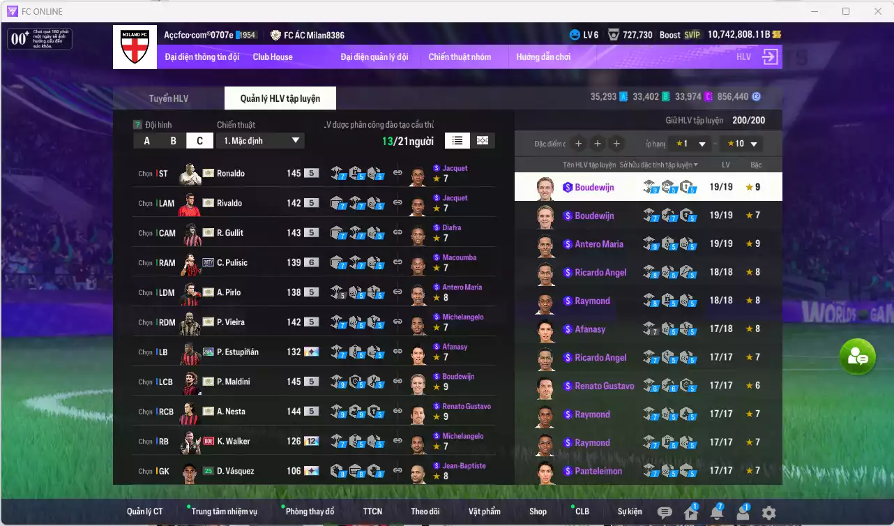Ảnh [ACC Hiếm] AC Milan ITM+5 189.330.540b dư 10tr7b có Ronaldo ITM, Gullit ITM, Maldini ITM, Vieira ITM, Nesta ITM, Pirlo ITM, Rivaldo ITM vs nhiều giảm lương fix BP. Full miniface, còn rất nhiều CP GIẢM THUẾ. HLV Siêu Xịn, đã full đào tạo chiến thuật vs chỉ số cầu thủ, dư 630k TC
