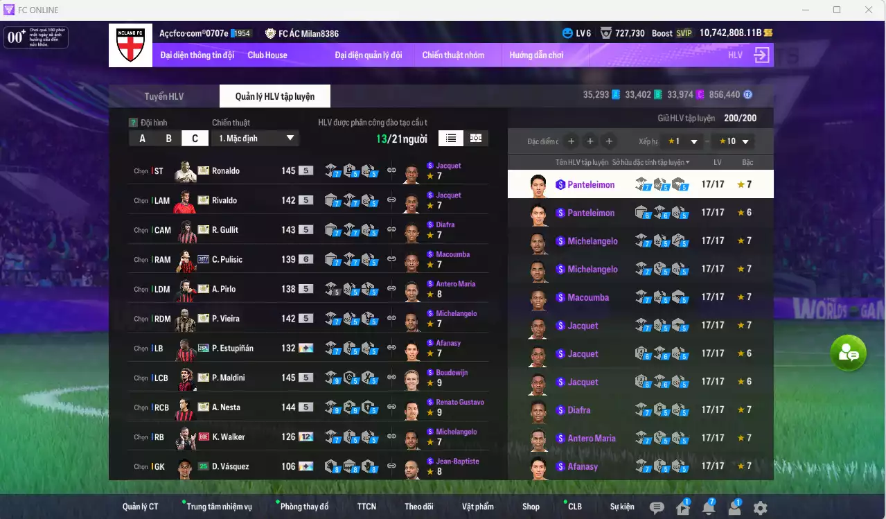 Ảnh [ACC Hiếm] AC Milan ITM+5 189.330.540b dư 10tr7b có Ronaldo ITM, Gullit ITM, Maldini ITM, Vieira ITM, Nesta ITM, Pirlo ITM, Rivaldo ITM vs nhiều giảm lương fix BP. Full miniface, còn rất nhiều CP GIẢM THUẾ. HLV Siêu Xịn, đã full đào tạo chiến thuật vs chỉ số cầu thủ, dư 630k TC