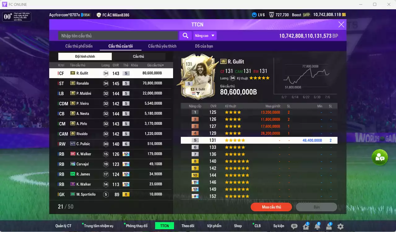 Ảnh [ACC Hiếm] AC Milan ITM+5 189.330.540b dư 10tr7b có Ronaldo ITM, Gullit ITM, Maldini ITM, Vieira ITM, Nesta ITM, Pirlo ITM, Rivaldo ITM vs nhiều giảm lương fix BP. Full miniface, còn rất nhiều CP GIẢM THUẾ. HLV Siêu Xịn, đã full đào tạo chiến thuật vs chỉ số cầu thủ, dư 630k TC