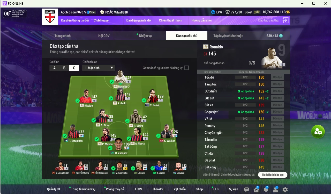 Ảnh [ACC Hiếm] AC Milan ITM+5 189.330.540b dư 10tr7b có Ronaldo ITM, Gullit ITM, Maldini ITM, Vieira ITM, Nesta ITM, Pirlo ITM, Rivaldo ITM vs nhiều giảm lương fix BP. Full miniface, còn rất nhiều CP GIẢM THUẾ. HLV Siêu Xịn, đã full đào tạo chiến thuật vs chỉ số cầu thủ, dư 630k TC