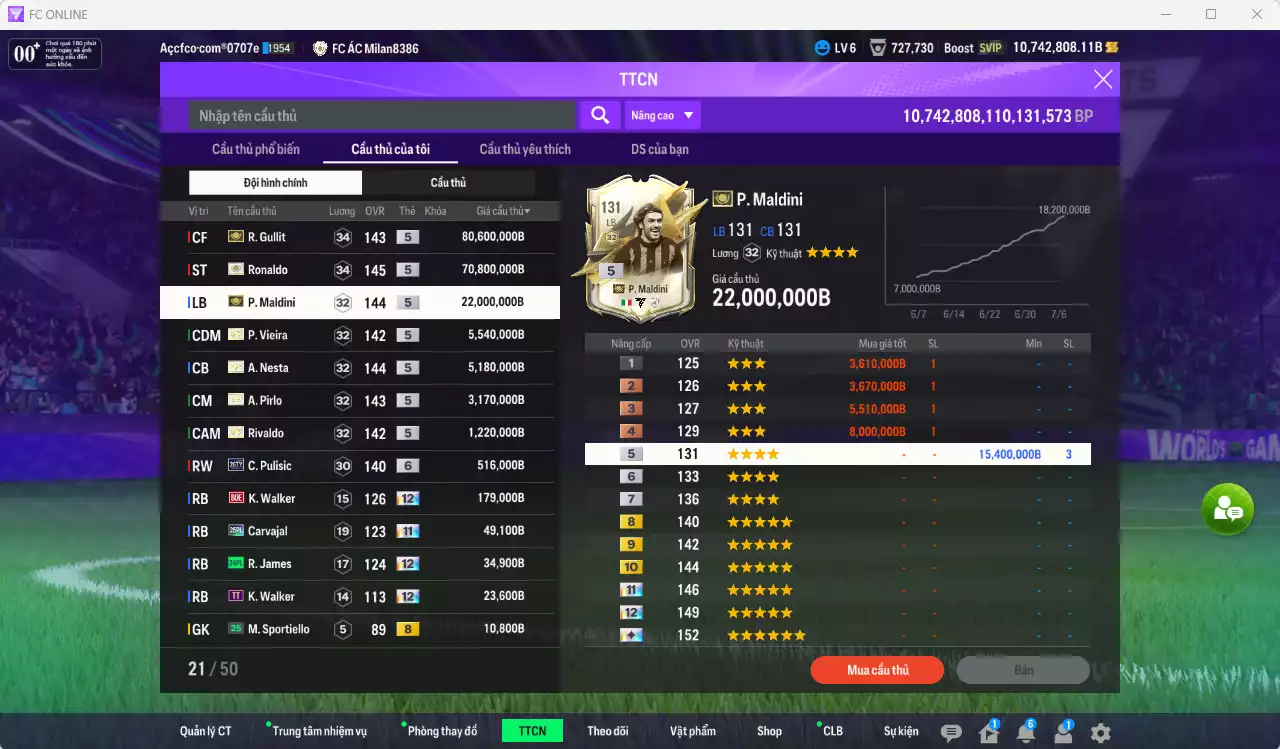 Ảnh [ACC Hiếm] AC Milan ITM+5 189.330.540b dư 10tr7b có Ronaldo ITM, Gullit ITM, Maldini ITM, Vieira ITM, Nesta ITM, Pirlo ITM, Rivaldo ITM vs nhiều giảm lương fix BP. Full miniface, còn rất nhiều CP GIẢM THUẾ. HLV Siêu Xịn, đã full đào tạo chiến thuật vs chỉ số cầu thủ, dư 630k TC