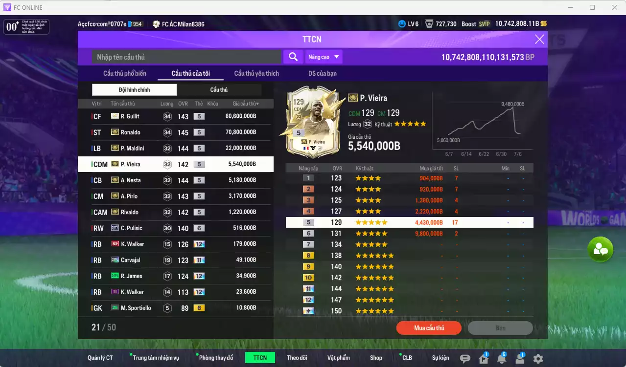 Ảnh [ACC Hiếm] AC Milan ITM+5 189.330.540b dư 10tr7b có Ronaldo ITM, Gullit ITM, Maldini ITM, Vieira ITM, Nesta ITM, Pirlo ITM, Rivaldo ITM vs nhiều giảm lương fix BP. Full miniface, còn rất nhiều CP GIẢM THUẾ. HLV Siêu Xịn, đã full đào tạo chiến thuật vs chỉ số cầu thủ, dư 630k TC