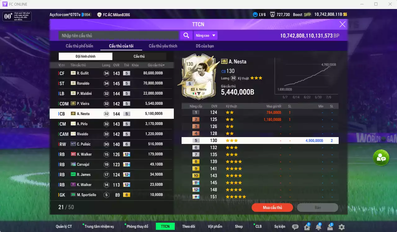 Ảnh [ACC Hiếm] AC Milan ITM+5 189.330.540b dư 10tr7b có Ronaldo ITM, Gullit ITM, Maldini ITM, Vieira ITM, Nesta ITM, Pirlo ITM, Rivaldo ITM vs nhiều giảm lương fix BP. Full miniface, còn rất nhiều CP GIẢM THUẾ. HLV Siêu Xịn, đã full đào tạo chiến thuật vs chỉ số cầu thủ, dư 630k TC