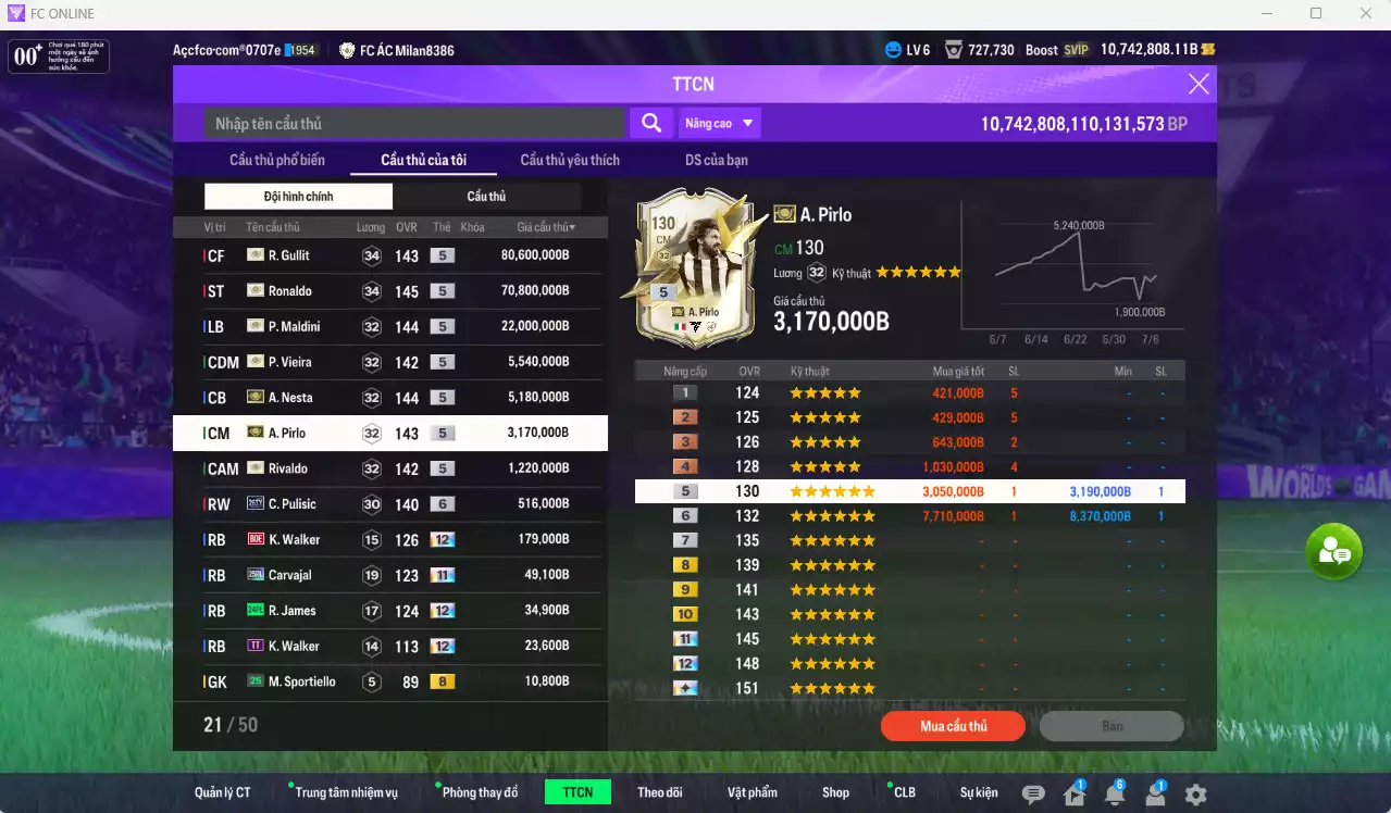 Ảnh [ACC Hiếm] AC Milan ITM+5 189.330.540b dư 10tr7b có Ronaldo ITM, Gullit ITM, Maldini ITM, Vieira ITM, Nesta ITM, Pirlo ITM, Rivaldo ITM vs nhiều giảm lương fix BP. Full miniface, còn rất nhiều CP GIẢM THUẾ. HLV Siêu Xịn, đã full đào tạo chiến thuật vs chỉ số cầu thủ, dư 630k TC