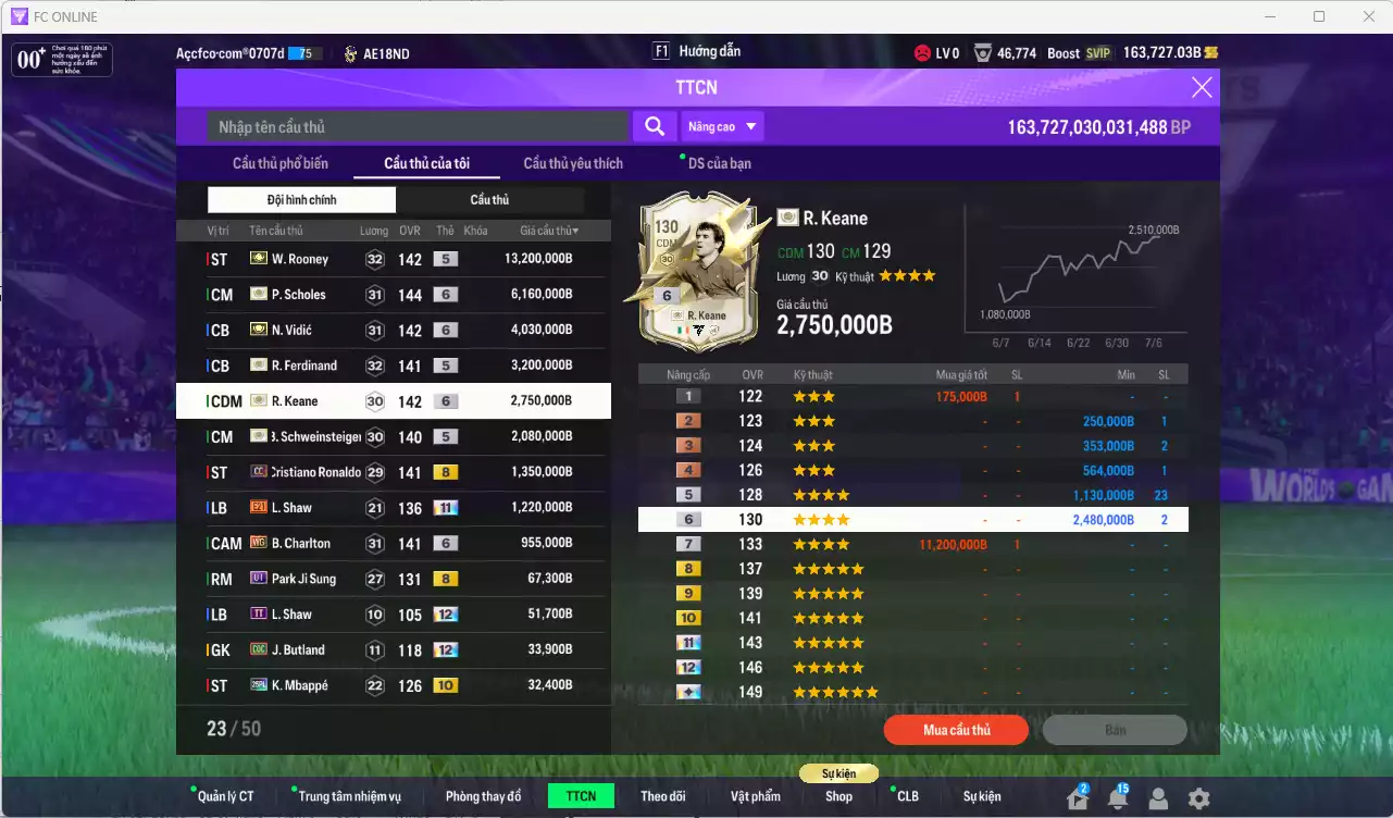 Ảnh Man Utd. 35.225.980b có Rooney ITM, Scholes ITM+6, Vidic ITM+6, Ferdinand ITM, Keane ITM+6, Schweinsteiger ITM,  CR7 CC, Shaw E21+11... Full miniface, còn rất nhiều CP GIẢM THUẾ. HLV Xịn, đã đào tạo full chỉ số cầu thủ