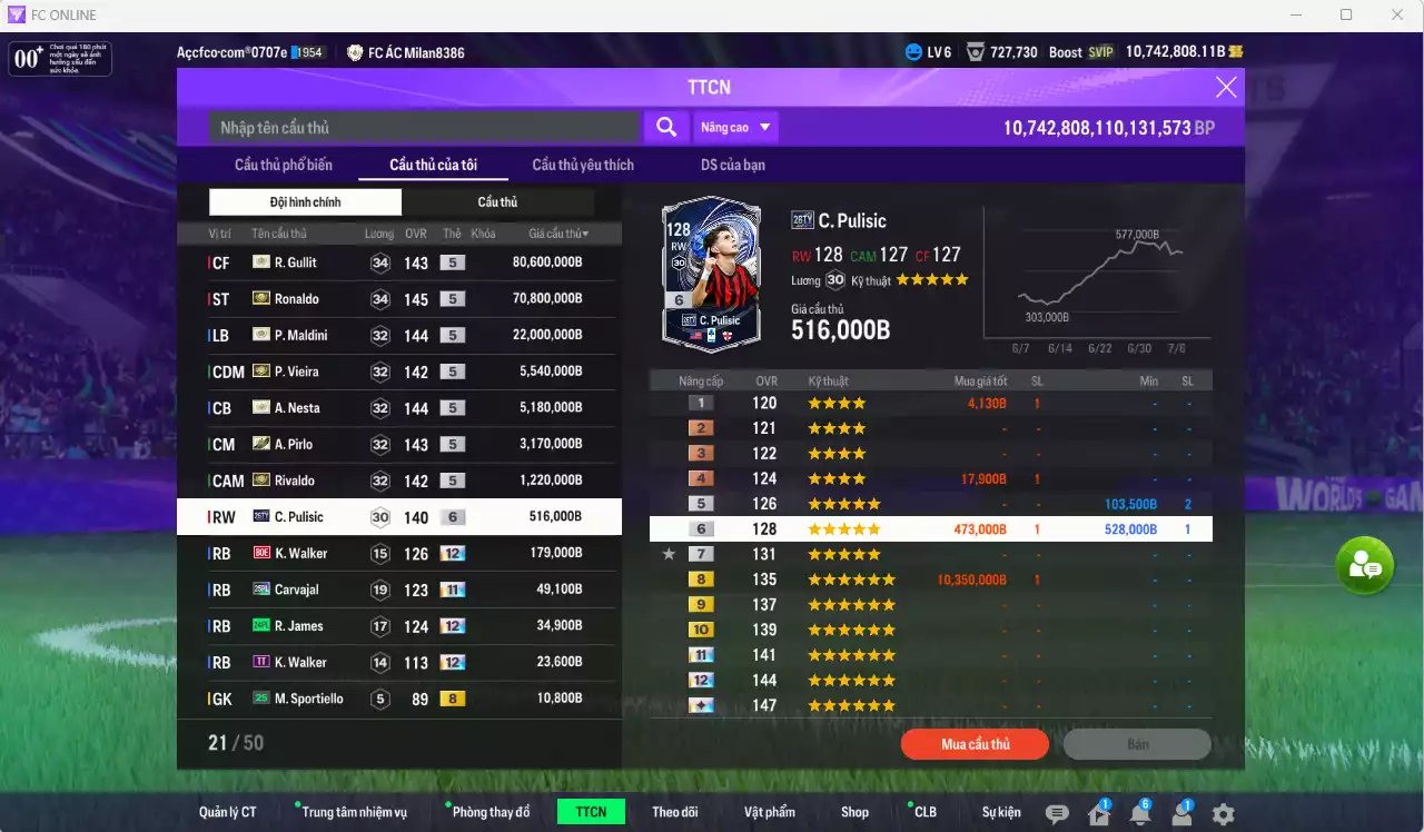 Ảnh [ACC Hiếm] AC Milan ITM+5 189.330.540b dư 10tr7b có Ronaldo ITM, Gullit ITM, Maldini ITM, Vieira ITM, Nesta ITM, Pirlo ITM, Rivaldo ITM vs nhiều giảm lương fix BP. Full miniface, còn rất nhiều CP GIẢM THUẾ. HLV Siêu Xịn, đã full đào tạo chiến thuật vs chỉ số cầu thủ, dư 630k TC