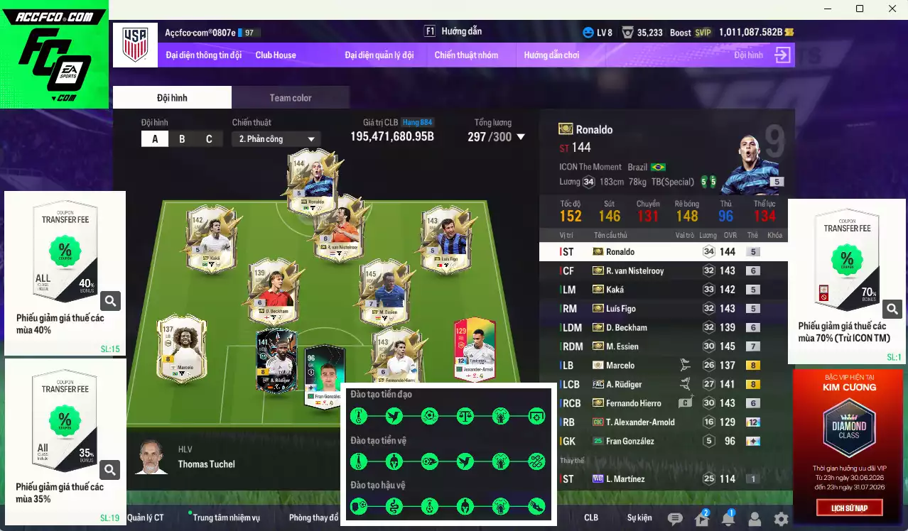 [Hạng 884] Real Madrid 195.471.680b có Ronaldo ITM, Beckham ITM+6, Essien ITM+7, Van Gol ITM+6, Rudiger FAC, Figo ITM, Kaká ITM, Marcelo ICON+8, Hierro ITM+6... Còn rất nhiều CP GIẢM THUẾ. HLV Xịn, đã full đào tạo chiến thuật vs chỉ số cầu thủ. VIP KC Tháng 7
