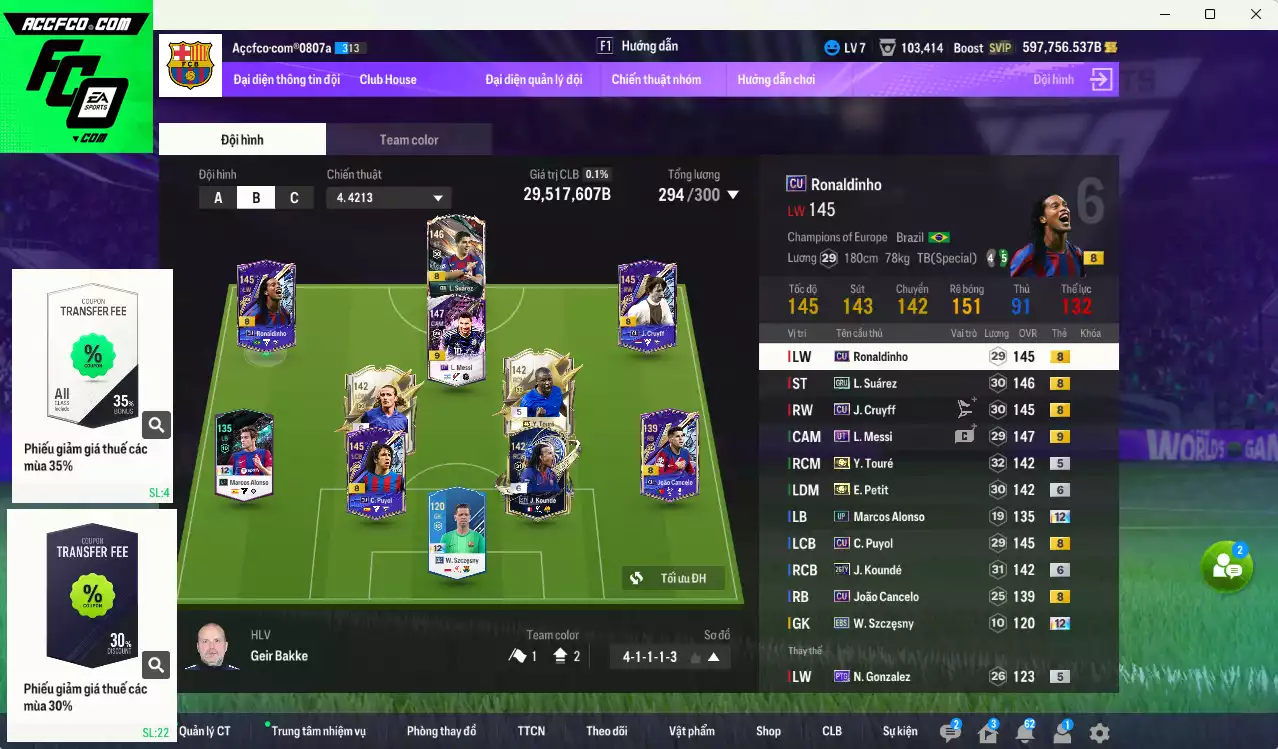 Barcelona 29.517.600b có Suárez GRU, Touré ITM, Petit ITM+6, Messi UT+9, Koundé 26TY+6, Ronaldinho CU, Cruyff CU, Puyol CU... Full miniface, còn nhiều CP GIẢM THUẾ. HLV Xịn, đã full đào tạo chỉ số cầu thủ