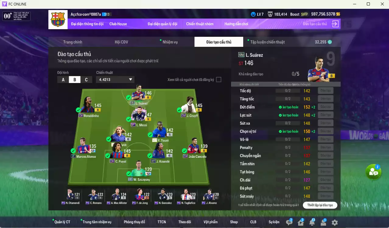Ảnh Barcelona 29.517.600b có Suárez GRU, Touré ITM, Petit ITM+6, Messi UT+9, Koundé 26TY+6, Ronaldinho CU, Cruyff CU, Puyol CU... Full miniface, còn nhiều CP GIẢM THUẾ. HLV Xịn, đã full đào tạo chỉ số cầu thủ