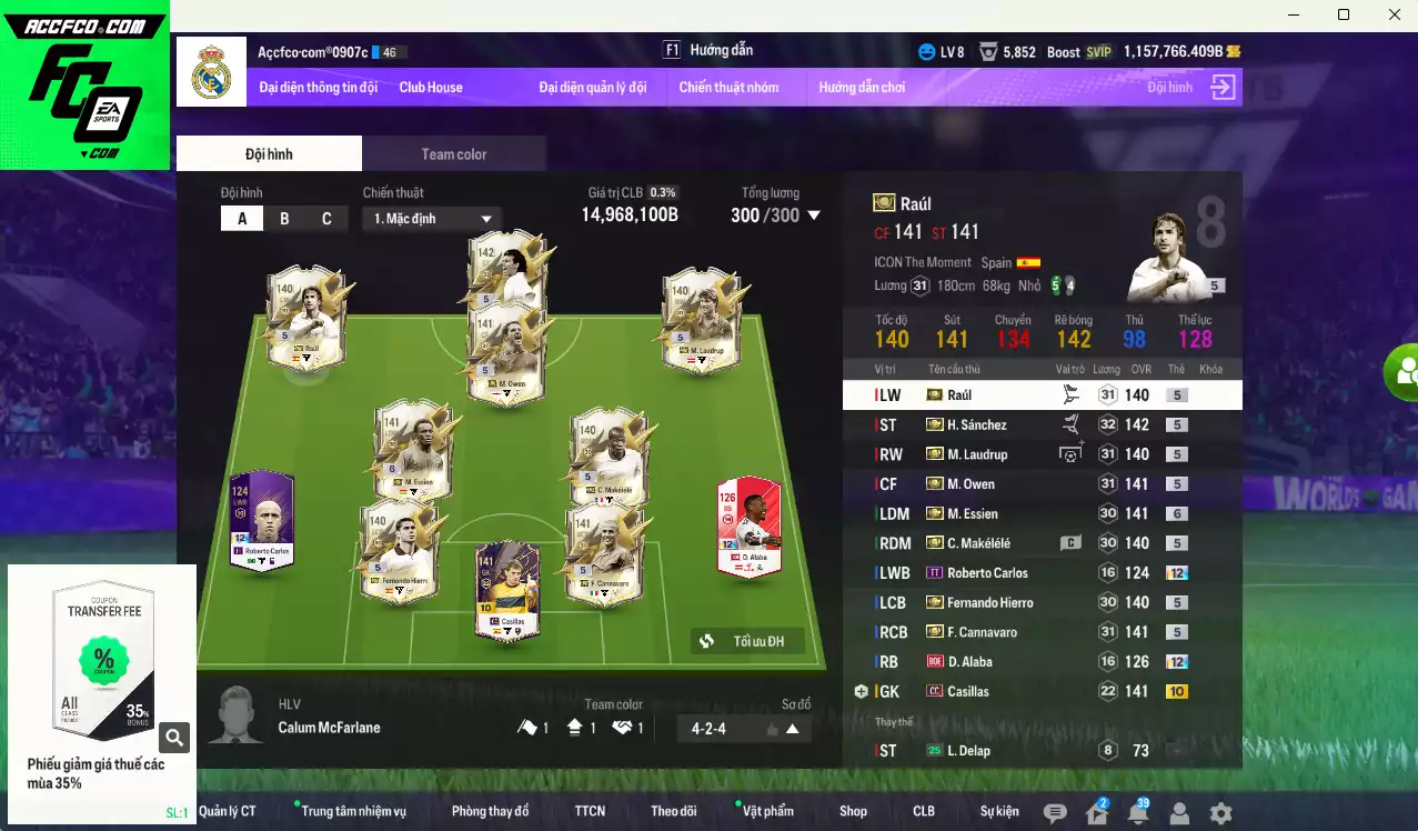 Real Madrid mùa ITM+5 14.968.100b dư 1tr1b có Essien ITM+6, H. Sánchez ITM, Cannavaro ITM, Owen ITM, Hierro ITM, M. Laudrup ITM, Raúl ITM, Makélélé ITM...