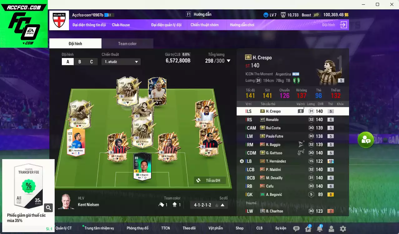 AC Milan 6.572.800b có Crespo ITM, Ronaldo WS, Futre ITM, Gattuso ITM, Baggio WG, Desailly WG, Cafu WG, Maldini WG... HLV tạm