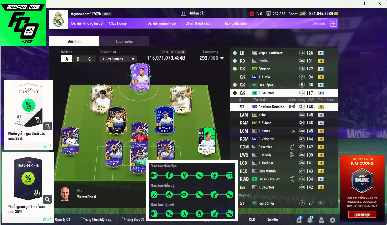 Real Madrid 115.971.070b có Zidane ITM, Kaká ITM+6, CR7 PTG+8, Kroos 24TS+8 (limited), Valverde 25UCL, Militao CU+9, Rudiger CU, Casemiro CU... Full miniface. HLV Siêu Xịn, đã full đào tạo chiến thuật vs chỉ số cầu thủ, dư 680k TC. (VIP KC Tháng 7, BK Tháng 8 )