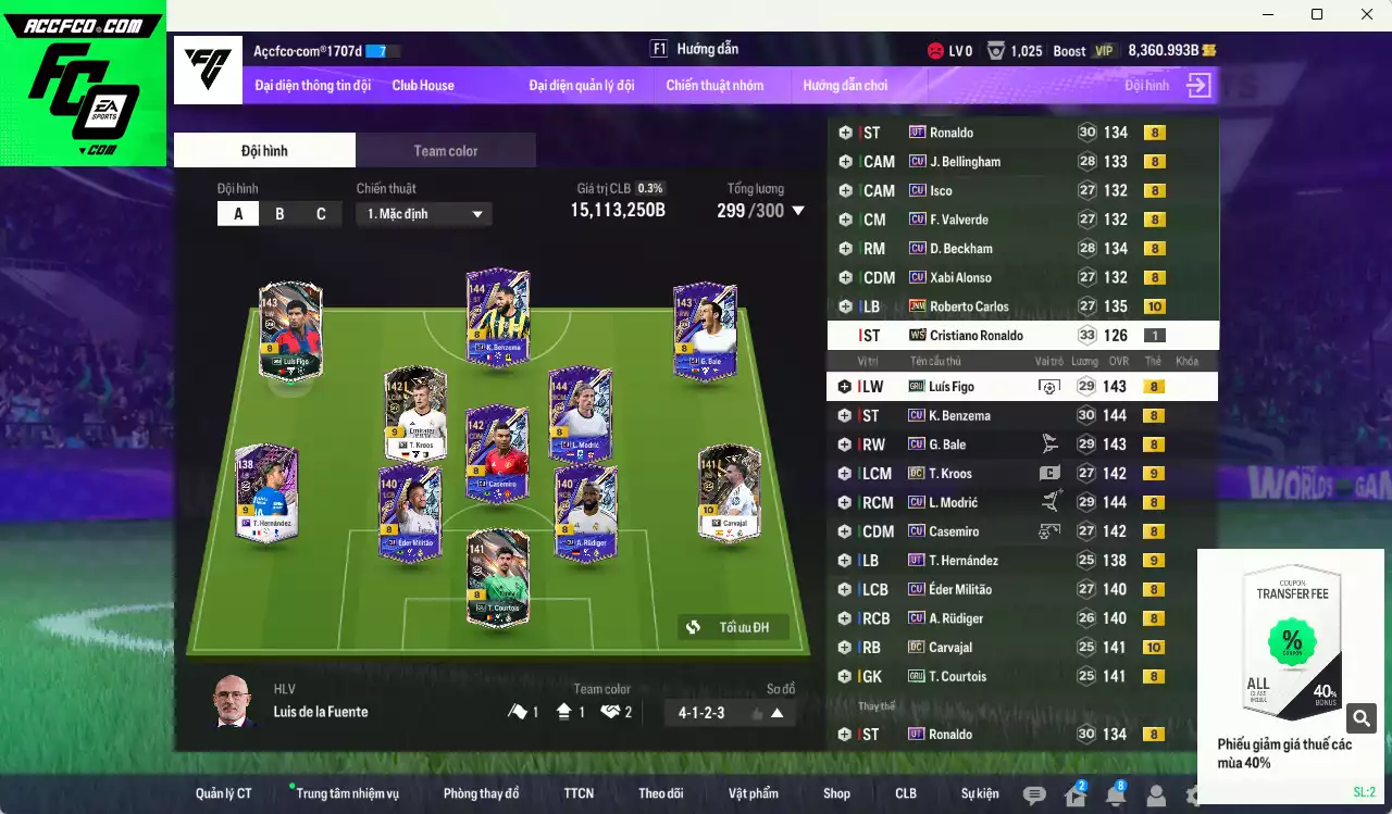 Real Madrid 15.113.250b có Benzema CU, Beckham CU, Carlos JNM+10, Ronaldo UT, Bale CU, Carvajal DC+10, Rudiger CU, Modric CU, Bellingham CU, Casemiro CU...