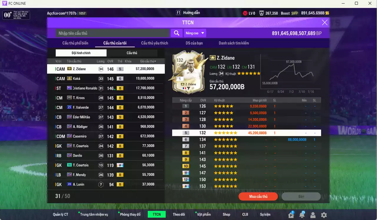 Ảnh Real Madrid 115.971.070b có Zidane ITM, Kaká ITM+6, CR7 PTG+8, Kroos 24TS+8 (limited), Valverde 25UCL, Militao CU+9, Rudiger CU, Casemiro CU... Full miniface. HLV Siêu Xịn, đã full đào tạo chiến thuật vs chỉ số cầu thủ, dư 680k TC. (VIP KC Tháng 7, BK Tháng 8 )