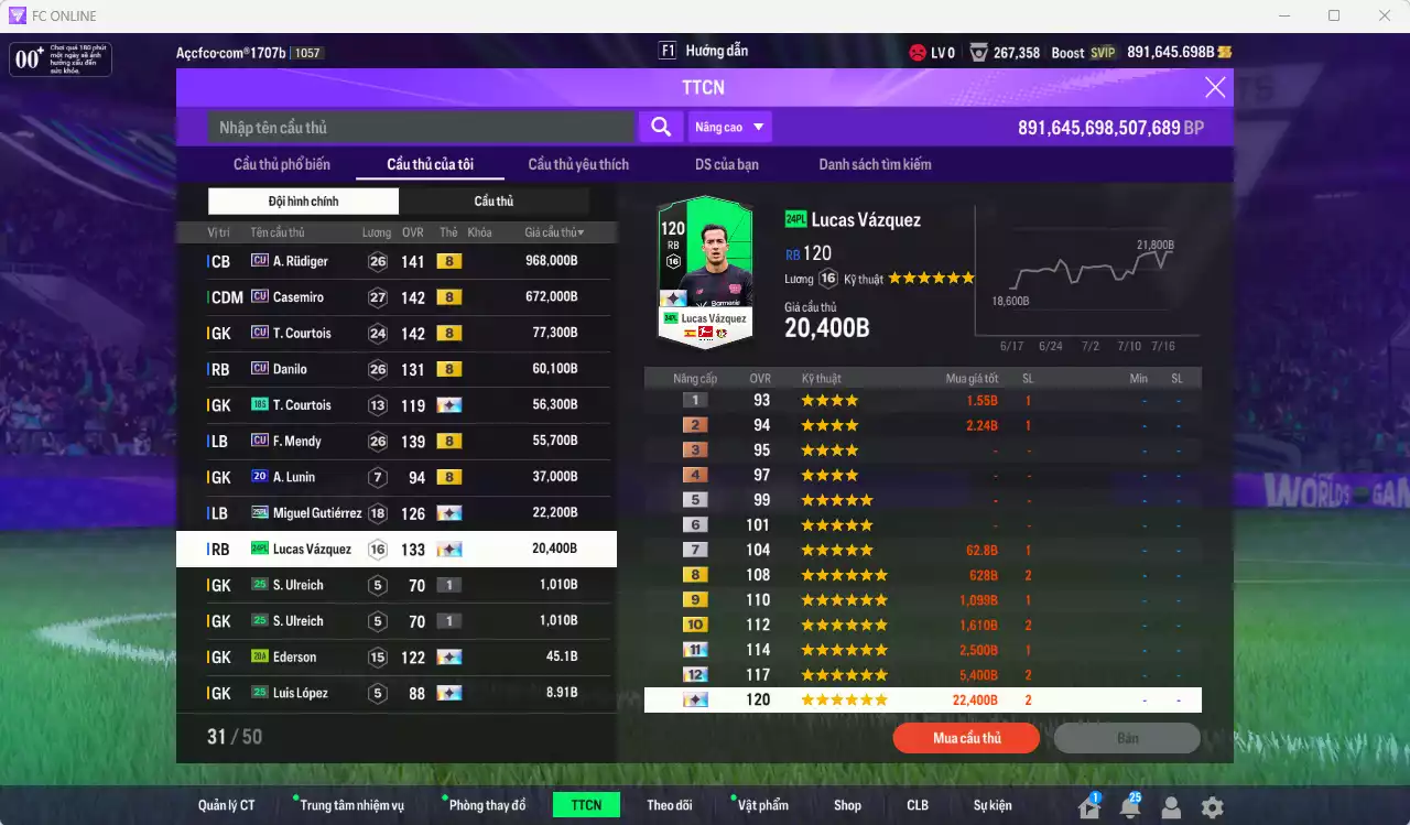 Ảnh Real Madrid 115.971.070b có Zidane ITM, Kaká ITM+6, CR7 PTG+8, Kroos 24TS+8 (limited), Valverde 25UCL, Militao CU+9, Rudiger CU, Casemiro CU... Full miniface. HLV Siêu Xịn, đã full đào tạo chiến thuật vs chỉ số cầu thủ, dư 680k TC. (VIP KC Tháng 7, BK Tháng 8 )