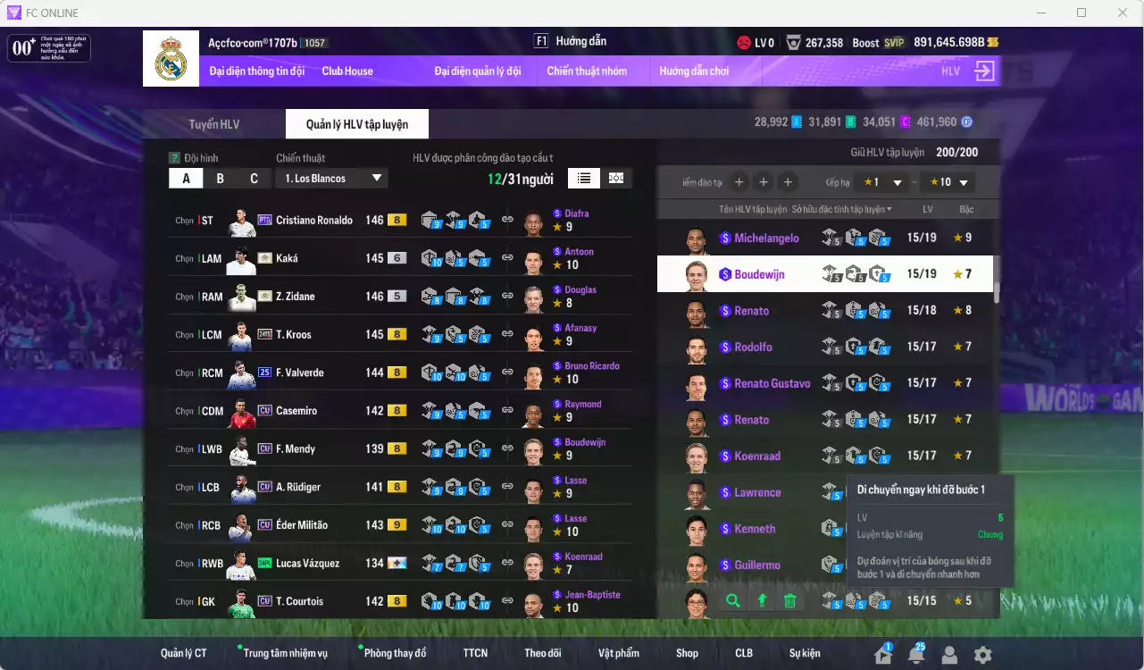 Ảnh Real Madrid 115.971.070b có Zidane ITM, Kaká ITM+6, CR7 PTG+8, Kroos 24TS+8 (limited), Valverde 25UCL, Militao CU+9, Rudiger CU, Casemiro CU... Full miniface. HLV Siêu Xịn, đã full đào tạo chiến thuật vs chỉ số cầu thủ, dư 680k TC. (VIP KC Tháng 7, BK Tháng 8 )