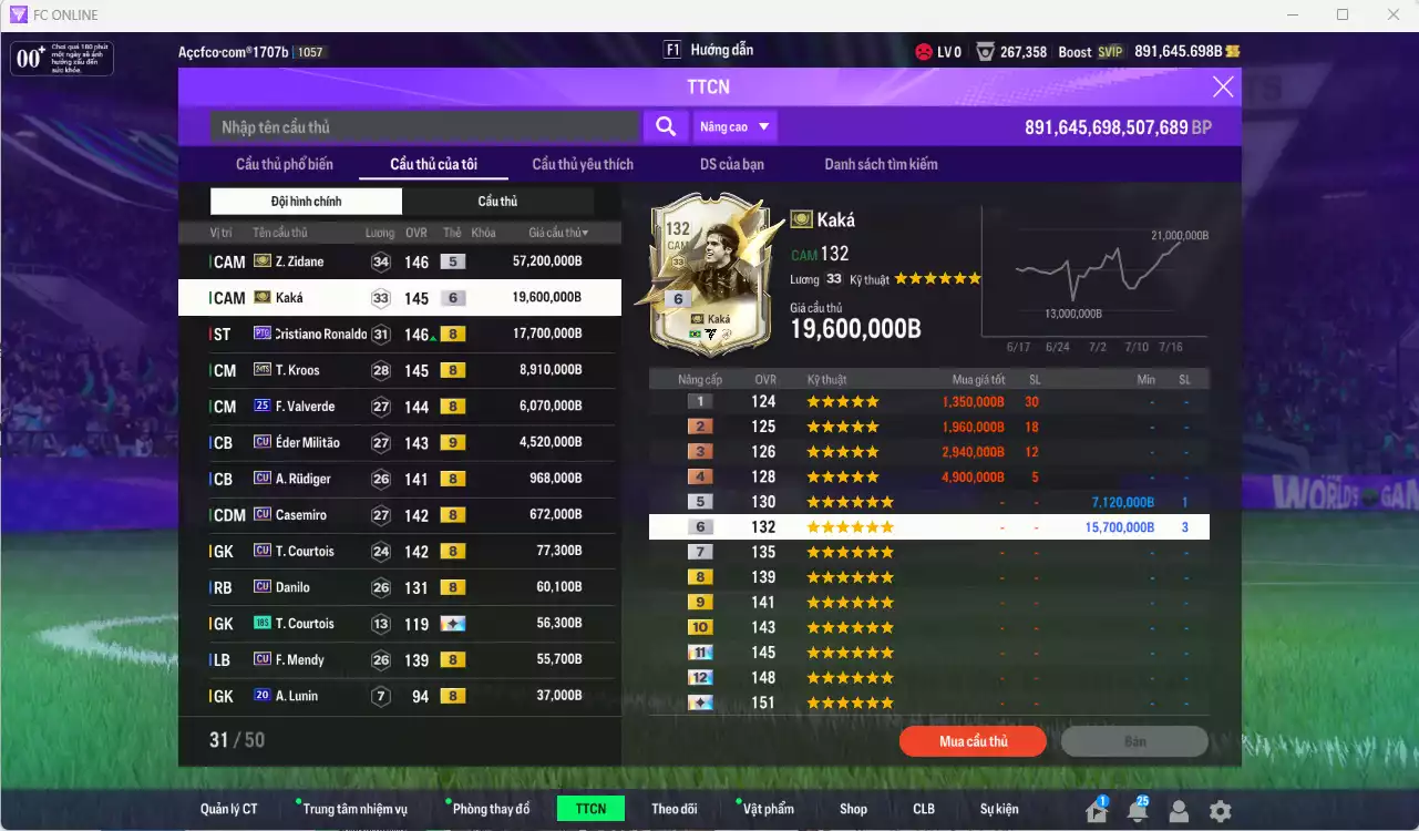 Ảnh Real Madrid 115.971.070b có Zidane ITM, Kaká ITM+6, CR7 PTG+8, Kroos 24TS+8 (limited), Valverde 25UCL, Militao CU+9, Rudiger CU, Casemiro CU... Full miniface. HLV Siêu Xịn, đã full đào tạo chiến thuật vs chỉ số cầu thủ, dư 680k TC. (VIP KC Tháng 7, BK Tháng 8 )