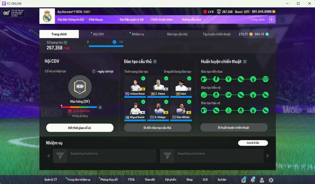 Ảnh Real Madrid 115.971.070b có Zidane ITM, Kaká ITM+6, CR7 PTG+8, Kroos 24TS+8 (limited), Valverde 25UCL, Militao CU+9, Rudiger CU, Casemiro CU... Full miniface. HLV Siêu Xịn, đã full đào tạo chiến thuật vs chỉ số cầu thủ, dư 680k TC. (VIP KC Tháng 7, BK Tháng 8 )
