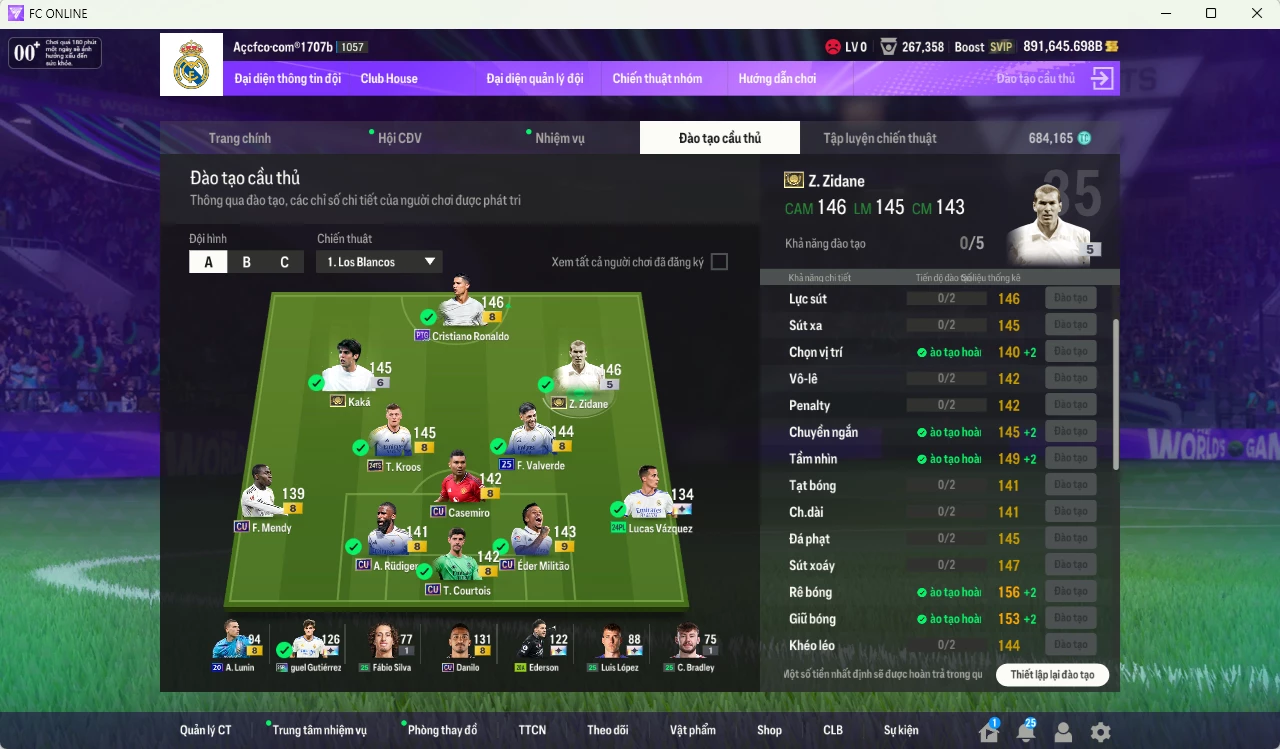 Ảnh Real Madrid 115.971.070b có Zidane ITM, Kaká ITM+6, CR7 PTG+8, Kroos 24TS+8 (limited), Valverde 25UCL, Militao CU+9, Rudiger CU, Casemiro CU... Full miniface. HLV Siêu Xịn, đã full đào tạo chiến thuật vs chỉ số cầu thủ, dư 680k TC. (VIP KC Tháng 7, BK Tháng 8 )