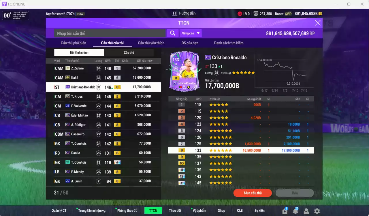 Ảnh Real Madrid 115.971.070b có Zidane ITM, Kaká ITM+6, CR7 PTG+8, Kroos 24TS+8 (limited), Valverde 25UCL, Militao CU+9, Rudiger CU, Casemiro CU... Full miniface. HLV Siêu Xịn, đã full đào tạo chiến thuật vs chỉ số cầu thủ, dư 680k TC. (VIP KC Tháng 7, BK Tháng 8 )