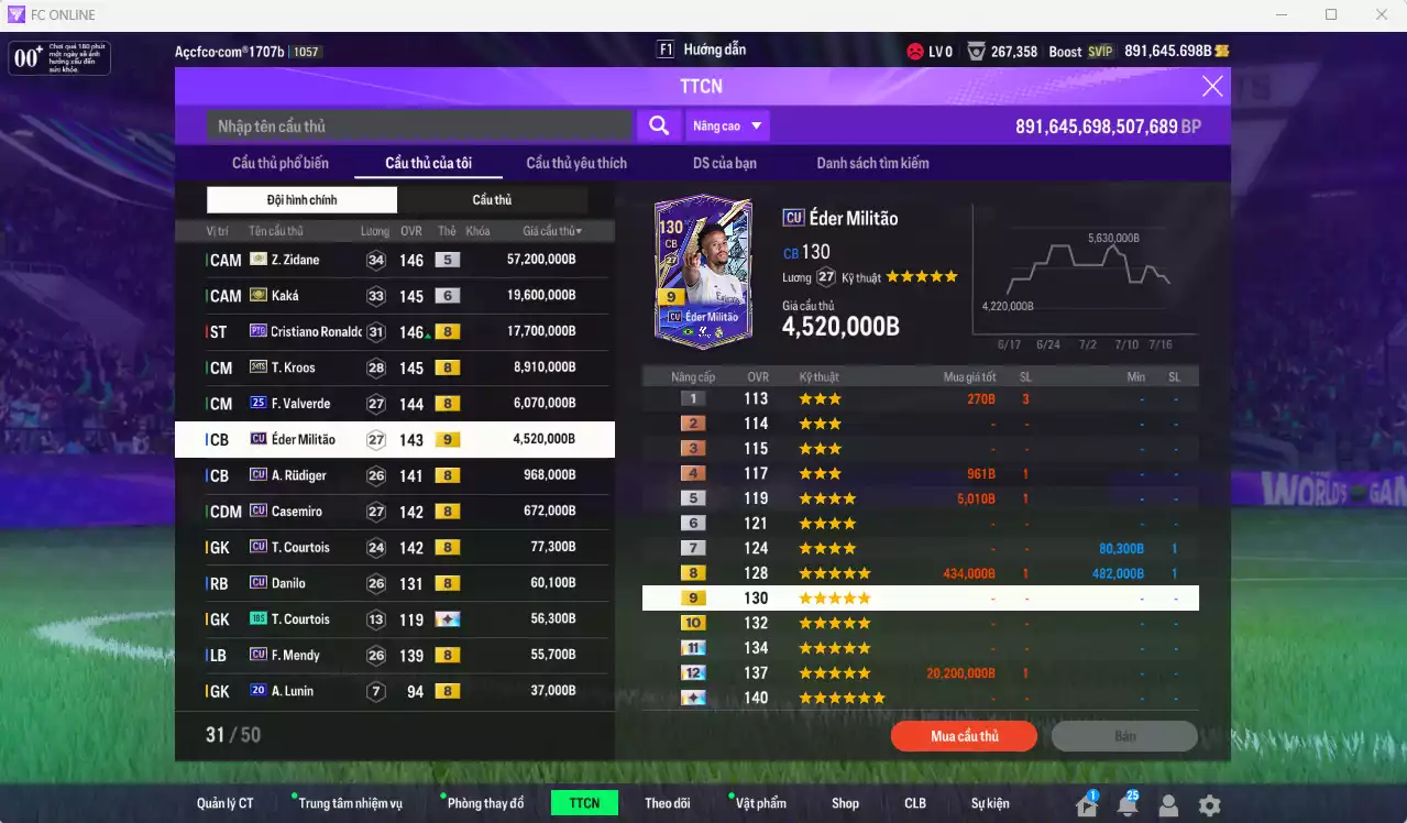 Ảnh Real Madrid 115.971.070b có Zidane ITM, Kaká ITM+6, CR7 PTG+8, Kroos 24TS+8 (limited), Valverde 25UCL, Militao CU+9, Rudiger CU, Casemiro CU... Full miniface. HLV Siêu Xịn, đã full đào tạo chiến thuật vs chỉ số cầu thủ, dư 680k TC. (VIP KC Tháng 7, BK Tháng 8 )