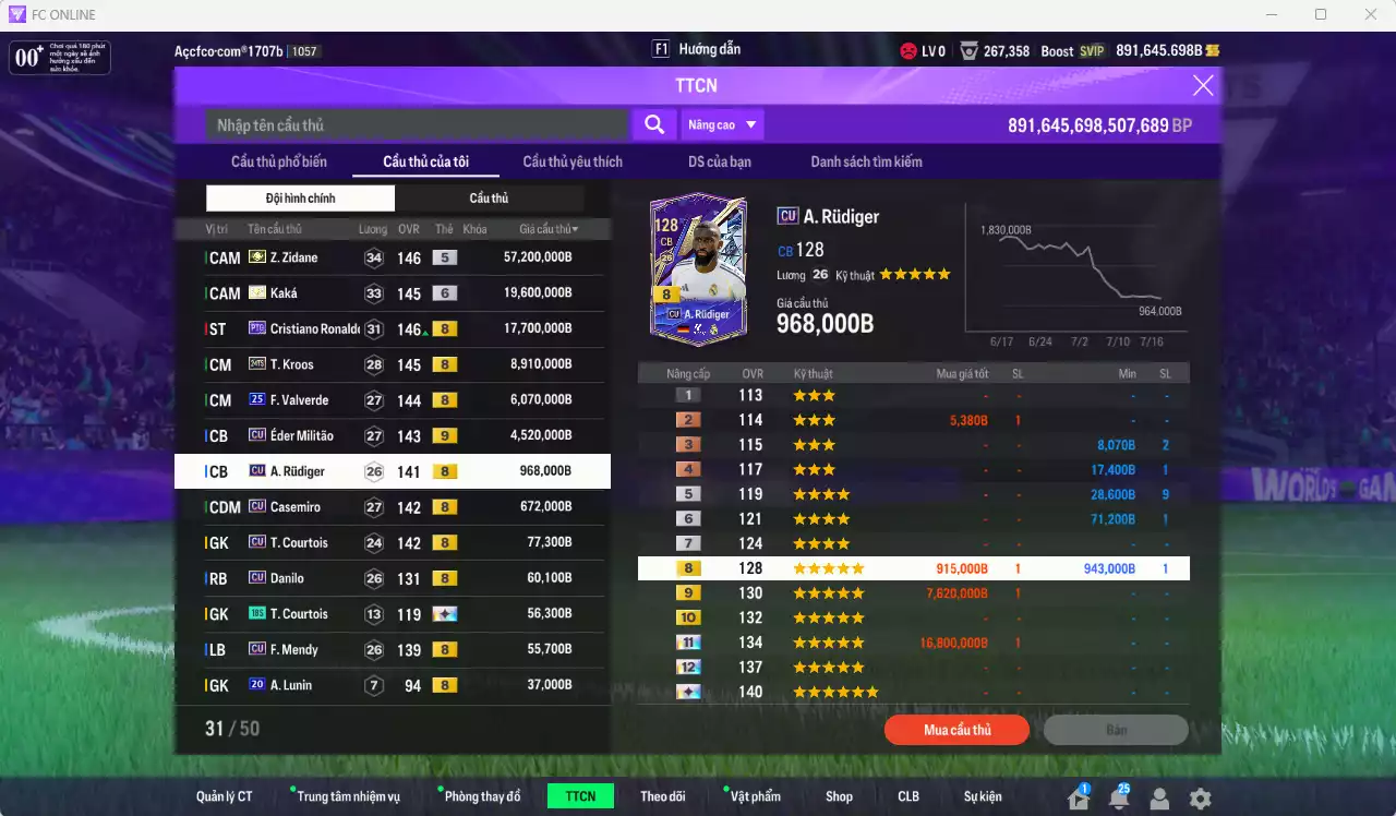 Ảnh Real Madrid 115.971.070b có Zidane ITM, Kaká ITM+6, CR7 PTG+8, Kroos 24TS+8 (limited), Valverde 25UCL, Militao CU+9, Rudiger CU, Casemiro CU... Full miniface. HLV Siêu Xịn, đã full đào tạo chiến thuật vs chỉ số cầu thủ, dư 680k TC. (VIP KC Tháng 7, BK Tháng 8 )