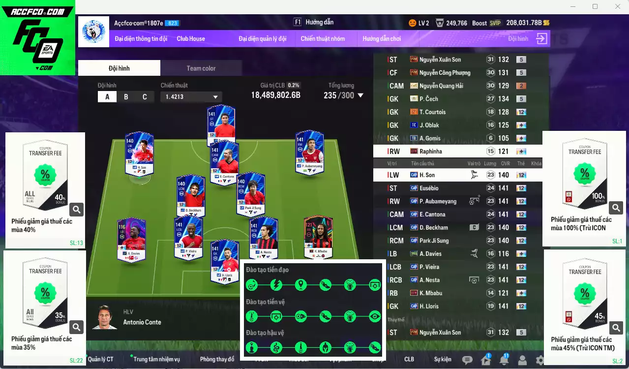 [ACC Hiếm] Full mùa CAP+12 18.489.800b có Beckham, Park, Vieira, Eusébio, Aubameyang, Cantona, Nesta, H. Son, Lloris... CAP+12 vs Quang Hải IP. Full miniface, còn nhiều CP GIẢM THUẾ. HLV Xịn, đã full đào tạo chiến thuật vs chỉ số cầu thủ