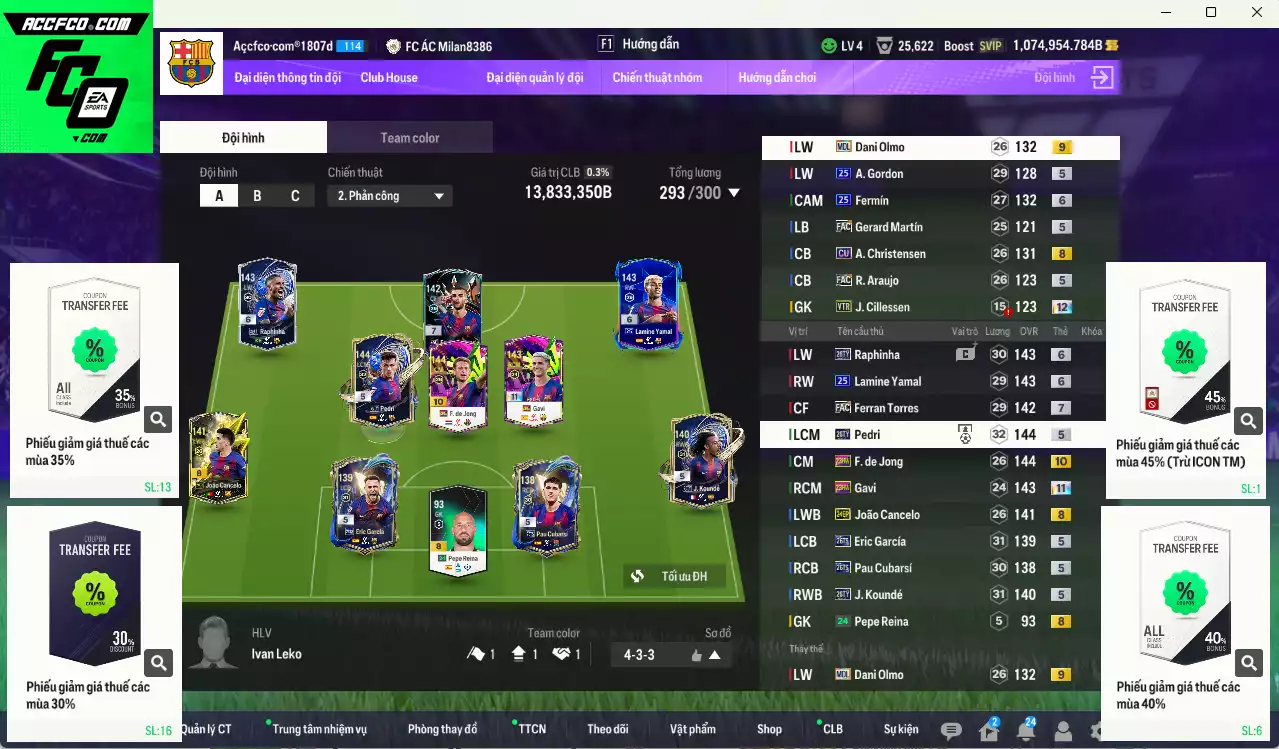 Barcelona 13.833.350b dư 1trb có Pedri 26TY, Ferran Torres FAC+7, Raphinha 26TY+6, Yamal 25UCL+6, Gavi 23HW+11, Cancelo 24EP, Koundé 26TY, F. de Jong 23HW+10, Eric García 26TS, Cubarsí 26TS... Còn nhiều CP GIẢM THUẾ. HLV Xịn